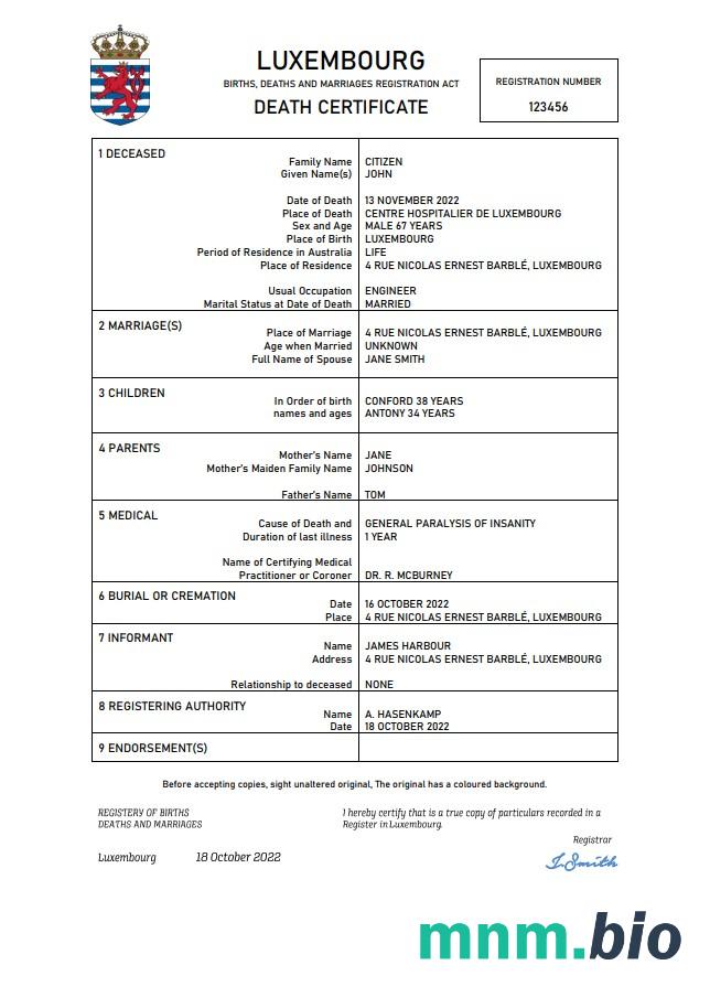 Luxembourg śmierć certyfikat Word i PDF szablon